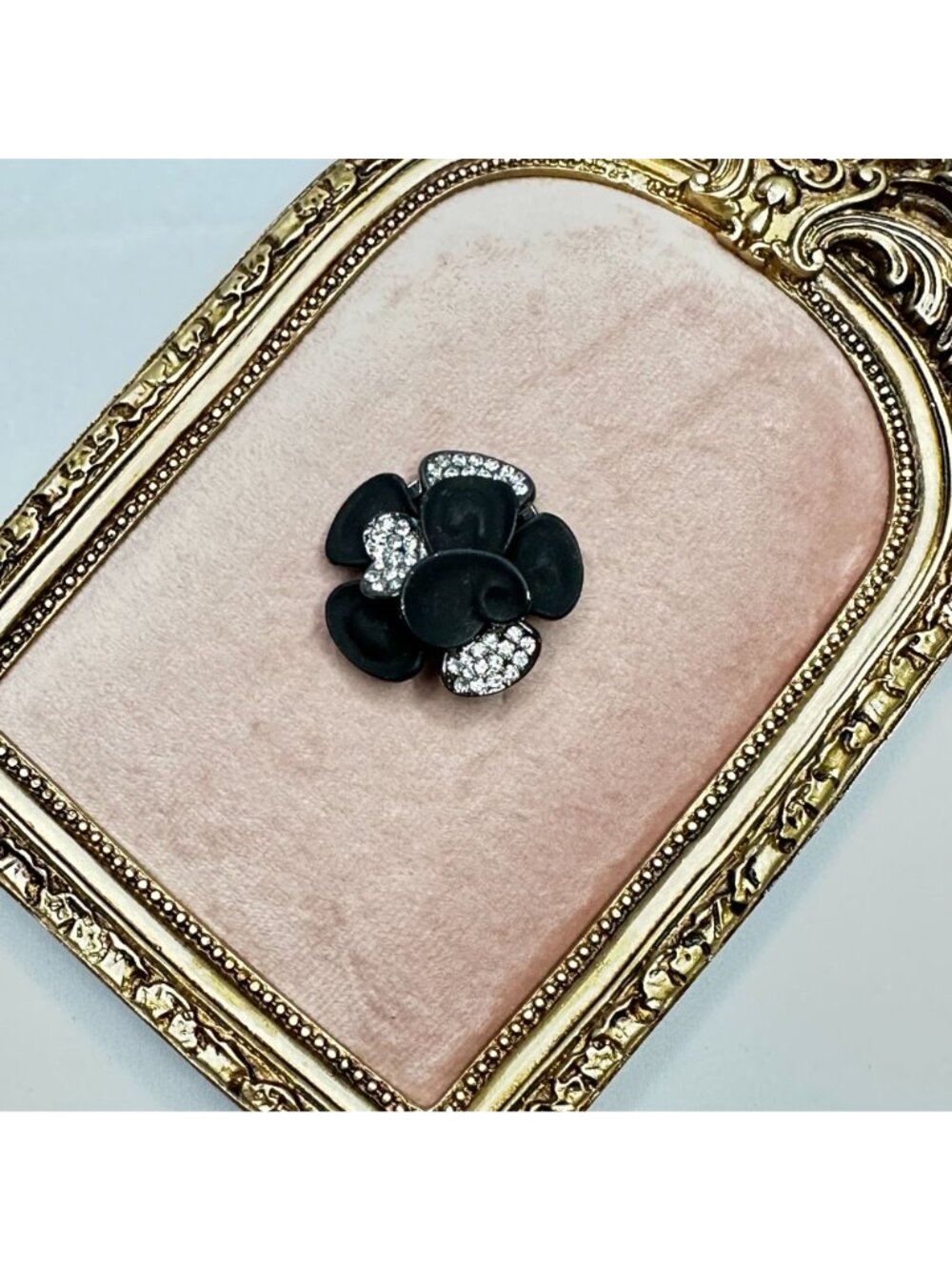 Black Matte Flower Scarf Clip With Crystal Accents Vintage Style - Picture 7 of 10
